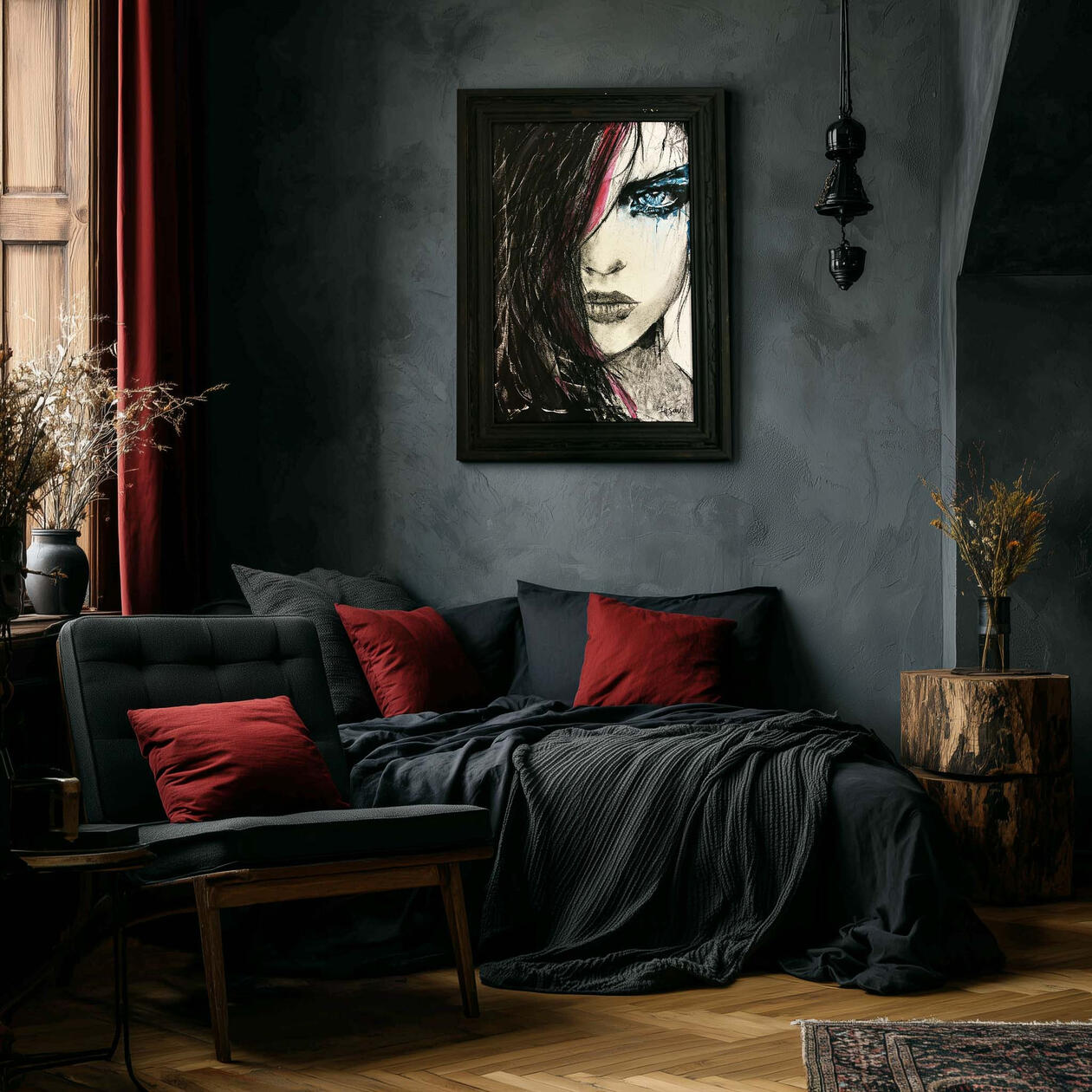 Behind Blue Eyes — Fuson, 2026 | Charcoal &amp; acrylic on canvas | (36 × 26.5 in frame) | Original, one of one.