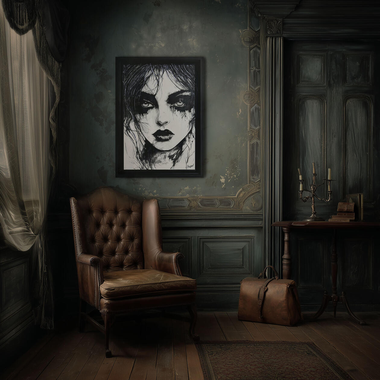 Black Rain — Fuson, 2026 | Charcoal &amp; acrylic on framed canvas (42 × 29.5 in) | Original, one of one.